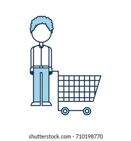 young man pushing trolley shopping customer