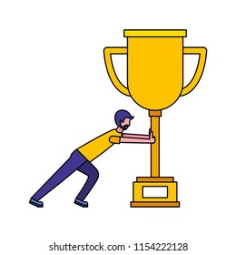 young man pushing trophy avatar character