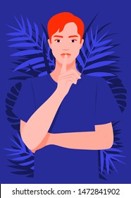 A young man put a finger to his lips. Secret information. Portrait of a strict and serious guy. Vector flat illustration