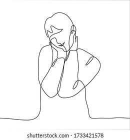 The young man put his palms to his face, he is moved and fascinated, in love and touched by something or someone. One continuous line drawing kawaii concept
