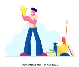 Young Man Put on Yellow Rubber Glove on Hand Stand near Cleaning Tools and Equipment. Male Character Prepare for Home Household Chores, Cleaning Service Worker Duties. Cartoon Flat Vector Illustration