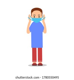 Young man puts on virus mask. Corona virus hygiene. Health care. Healthy lifestyle during an outbreak taint infection. Respiratory protection. Flat illustration isolated white background. Vector.