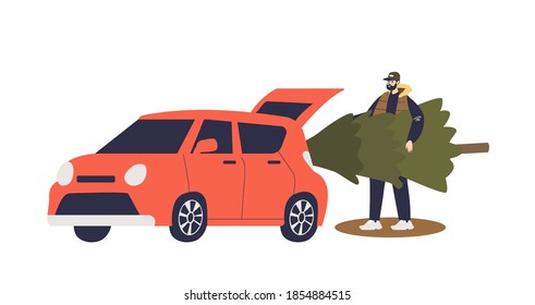 Young man putting fir tree for Christmas eve celebration in car to drive home from pine tree market. Cartoon male character buy evergreen Christmas tree. Flat vector illustration