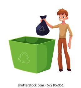 Young Man Putting Garbage Bag Into Trash Bin, Waste Recycling Concept, Cartoon Vector Illustration Isolated On White Background. Full Length Portrait Of Man Throwing Garbage Bag Into Trash Bin