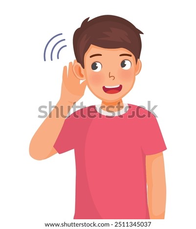 Young man putting hand near ear listen to news gossip