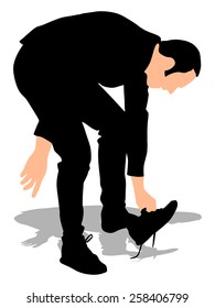 Young man putting on his shoes, vector