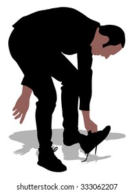 Young man putting on his shoes, vector