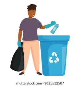Hombre joven que pone la botella de plástico en el cubo de reciclaje, promoviendo la conciencia ambiental y la gestión responsable de los residuos