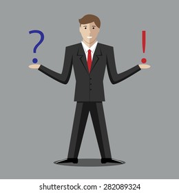 Young man with question and exclamation mark. Making decision, thinking, uncertainty, choice concept. EPS 10 vector illustration, no transparency