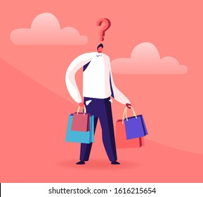 Joven con signo de interrogación por encima de la cabeza sostiene bolsas de compras coloridas. Carácter masculino haciendo compras. Venta estacional, descuento, compras en cajas de papel. Ilustración de vectores planos de caricaturas