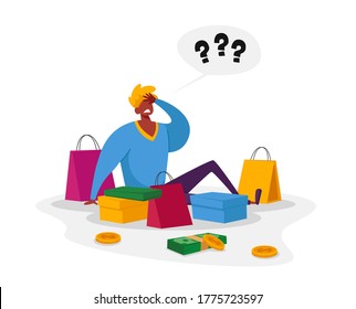 Young Man with Question Marks above Head Sitting with Colorful Shopping Bags. Male Character Shopping. Seasonal Sale, Discount, Shopaholic with Purchases in Paper Packs. Cartoon Vector Illustration