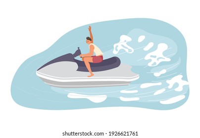 A young man races on aqua bike. Happy character isolated on white background. Flat Art Vector illustration