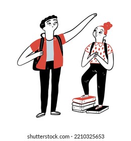 El joven levantó la mano sobre la cabeza de una niña que estaba en los libros para medir la altura. Estilo de doodle de ilustración de vector dibujado a mano.