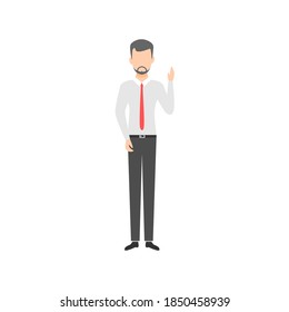 Young man with raised hand. Businessman raising up his arm. Manager greeting someone. Vector illustration isolated on white.