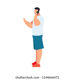 Young man with a raised hand in a flat style talking on phone. Casual style clothes. Man in shorts, T-shirt. Stands sideways. Vector illustration.