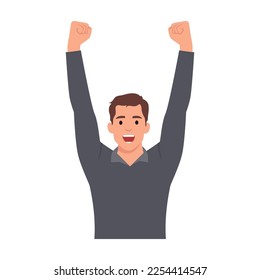 Young man with raised hands up celebrating success. Flat vector illustration isolated on white background