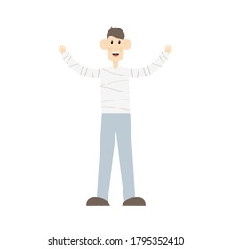 Young man with raised hands. Happy employee standing and waving with his hands vector illustration isolated on white. Businessman character celebrating success with arms up.