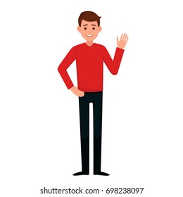 Young Man Raised His Hand With A Welcoming Gesture.vector Illustration Isolated On White Background