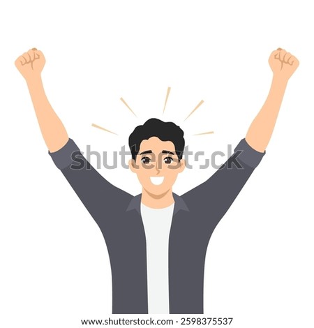 Young man raises both hands in victory, expressing excitement, joy, and accomplishment. Flat Vector character illustration