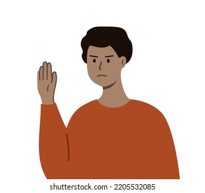 Young Man raising hand Gesture. Boy showing sign of rejection. Refusal, denial, stop and negation concepts. Flat design cartoon character vector design isolated illustrations.