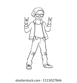 Young man raising hands up with rock sign gesture, Rock music, alternative punk style clothing black leather jacket, jeans male character in sunglasses. Isolated monochrome vector sketch illustration