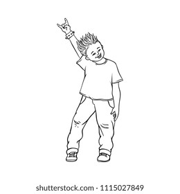 Young man raising hands up with rock sign gesture, Rock music, alternative punk style clothing jeans male character with mohawk haircut. Isolated vector monochrome sketch illustration