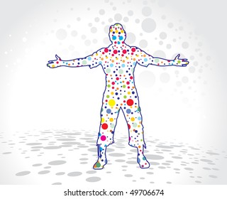 A young man raising his hands with white retro circle background, vector illustration.
