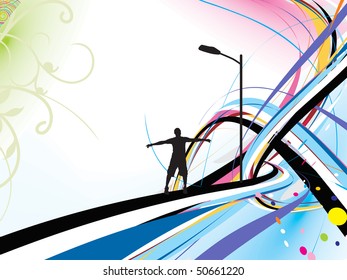 A young man raising his hands vector silhouette in rainbow mosaic wave line , vector illustration