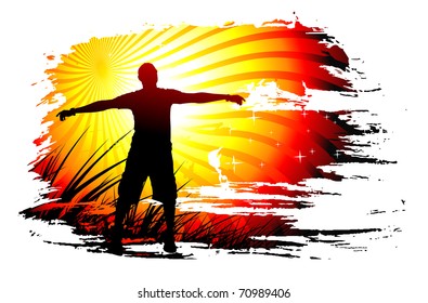 Young man raising his hands, Vector illustration.