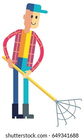 Young man with rake working. Gardening, planting, cleaning. Gardener character in flat design isolated on white. Vector clip art.