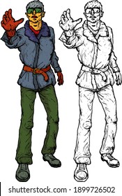 Young man reaching out with his hand. Hand drawn vector illustration. 