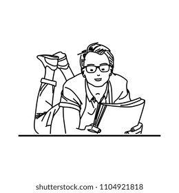 Young man read book in fun style hand drawn line art