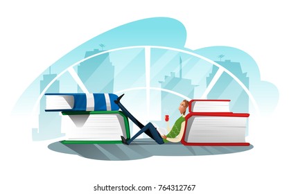 Young man read his favorite book on a loft . Education and school, study and literature concept. Vector illustration.