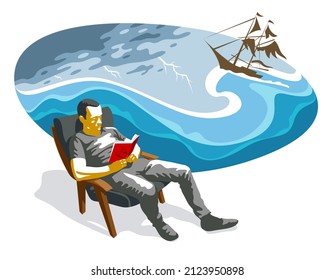 Young man reading adventure book about ocean and sea sailing on a sailboat vector illustration isolated, fiction literature about old times adventures.