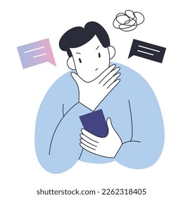 Young man reading bad news or social media post on his smartphone with puzzled face expression, holding phone, reading comments, worried person, touching his chin in confusion, vector illustration