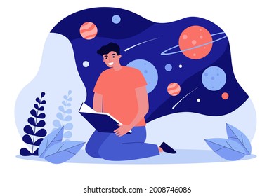 Young man reading book about space. Flat vector illustration. Guy studying, dreaming of distant galaxies, planets and space travel. Astronomy, science fiction, space, literature, education concept