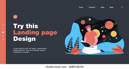 Young man reading book about space. Flat vector illustration. Guy studying, dreaming of distant galaxies, planets and space travel. Astronomy, science fiction, space, literature, education concept
