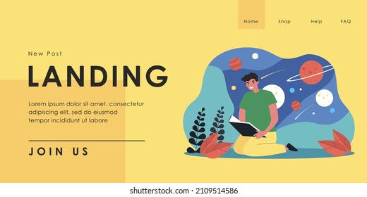 Young man reading book about space. Flat vector illustration. Guy studying, dreaming of distant galaxies, planets and space travel. Astronomy, science fiction, space, literature, education concept