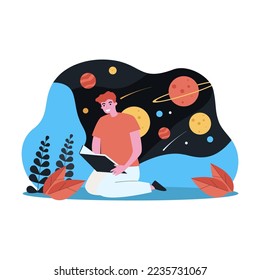 Young man reading book about space. Flat vector illustration. Guy studying, dreaming of distant galaxies, planets and space travel. Astronomy, science fiction, space concept