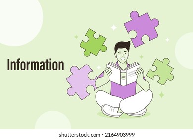 Young man reading a book. background is a puzzle all around. Vector flat illustration for your design web digital education student icons.