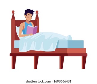 Joven leyendo libro en diseño de ilustración de vector de cama