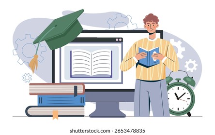 A young man reading a book beside a computer screen with open book icon, graduation cap, alarm clock, and books around, on a white background. Concept of online education. Vector illustration
