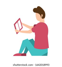 young man reading book character vector illustration design