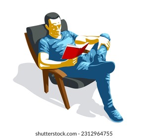 Young man reading book in comfortable armchair vector illustration isolated.