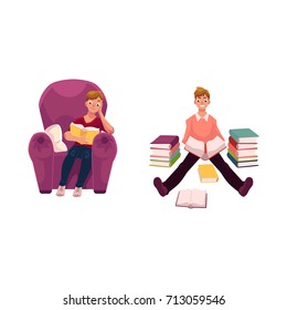 Young man reading a book in comfortable armchair and on the floor, cartoon vector illustration isolated on white background. Cartoon man, guy reading in armchair and on the floor among piles of books