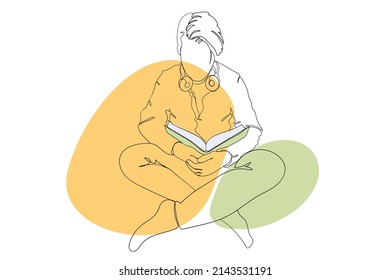 Young man reading book continuous line drawing concept. Guy with headphones sitting and holding book. Student learning with textbook for exam. Vector illustration in outline hand drawn design for web