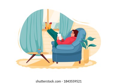 Young man reading a book in cozy living room Illustration