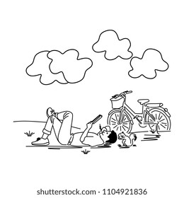 Young man reading a book during the summer hand drawn line art