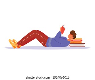 Young man reading book flat vector illustration. Guy studying publication, putting stack of textbooks under his head. Student preparing for exams isolated cartoon character on white background