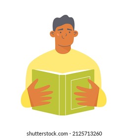 Young man reading a book Flat character vector illustration. 